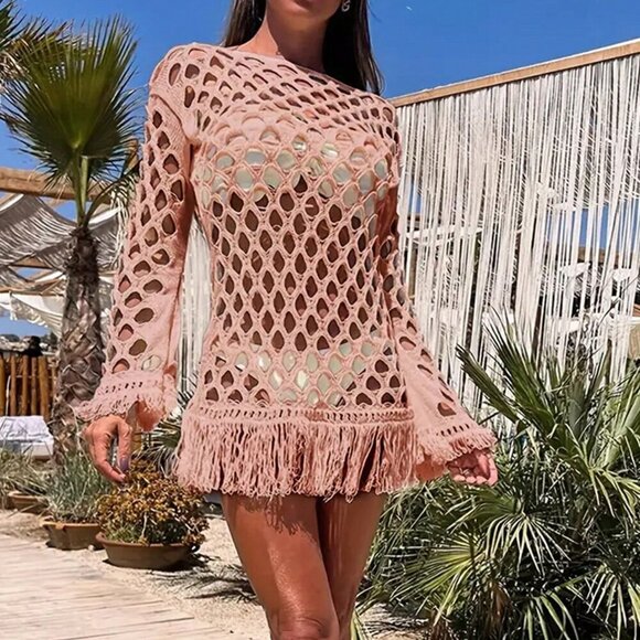 Pink Women's Sexy Elegant Knit Hollow Fringe Beach Style Dress - Picture 1 of 5